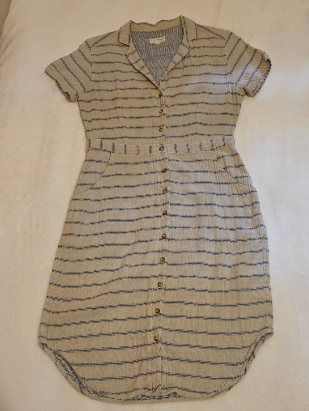 Bridge & Burn Striped Button-Front Shirt Dress in Beige and Blue- Medium